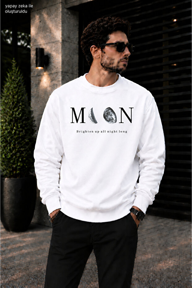 Men's Moon Phases Graphic Printed Crew Neck Casual Regular Fit Sweatshirt