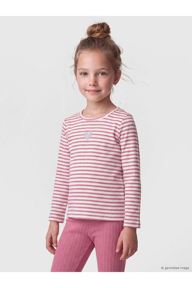 Pink Crew Neck Long Sleeve Striped Girls' T-Shirt
