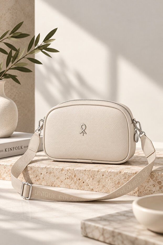 Women's Cream Crossbody Bag Soft Textured, Small Size Daily Shoulder Bag 21X12 cm