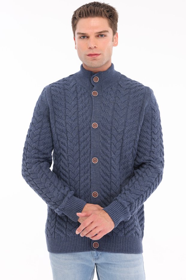 İndigo Men's 80% Wool 20% Acrylic Hair Knit Patterned Buttoned Stand Collar Knitwear Cardigan Trist-5371