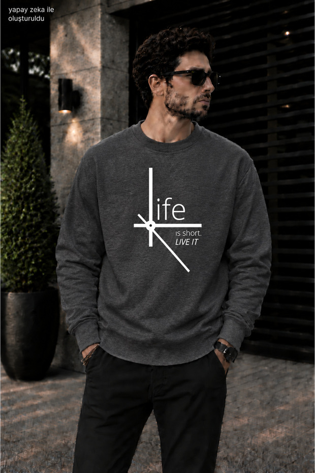 Men's Life Is Short Saat Mimarisi Graphic Printed Crew Neck Casual Regular Fit Sweatshirt