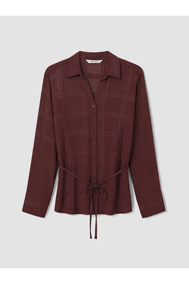 Burgundy Plaid Women's Shirt with Belted Waist