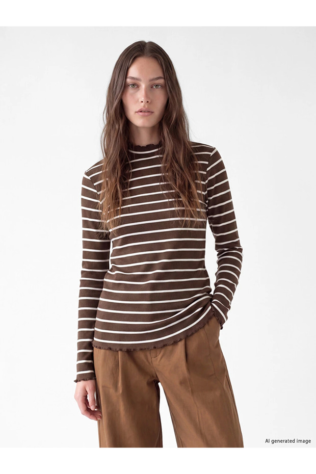 Ecru Mock Neck striped women's bodysuit