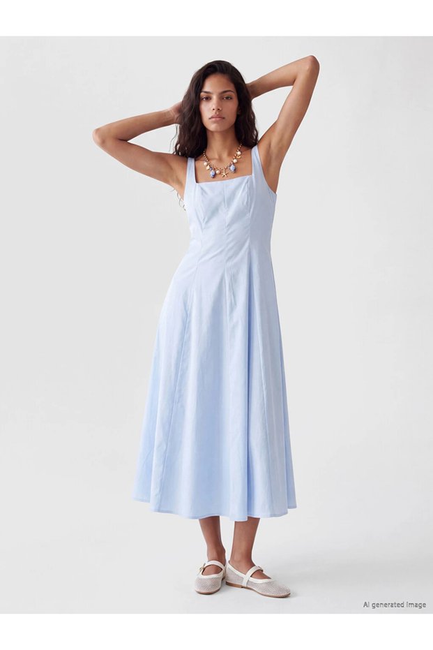 Blue Square Collar Waist-Slit Poplin Dress