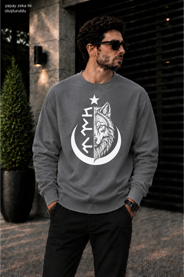 Men's Göktürkçe Turkish Written and Wolf Printed Crew Neck Casual Regular Fit Sweatshirt
