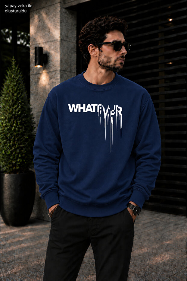 Men's Street Style Whatever Drip Typographic Printed Crew Neck Casual Regular Fit Sweatshirt