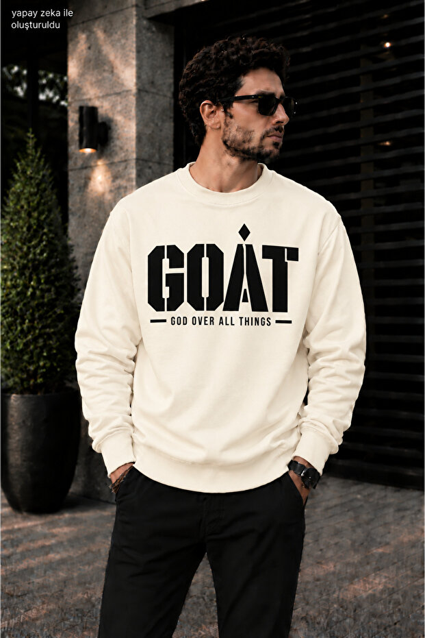Men's Goat God over All Things Typographic Print Crew Neck Casual Regular Fit Sweatshirt