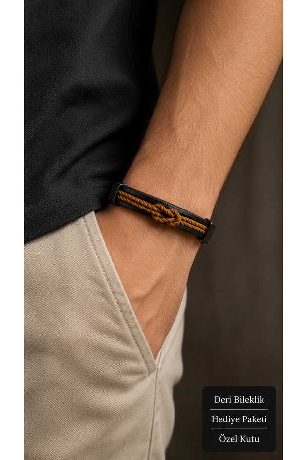 Tarmeni Amber Black Leather Men's Bracelet - with Brown Knot Weave Detail
