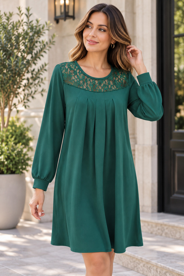 Timeless Elegance – Women's Long Sleeve Lace Detailed Pleated Front Comfortable Fit Crepe Dress