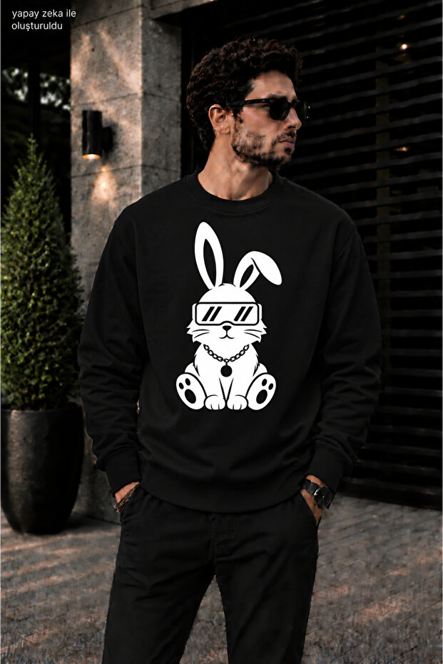 Men's Cool Bunny Rabbit Printed Crew Neck Casual Regular Fit Sweatshirt with Glasses