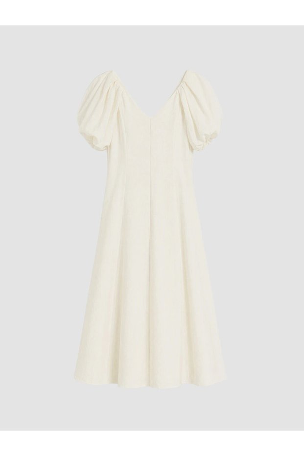Ecru V-Neck Balloon Sleeve Flared Evening Dress
