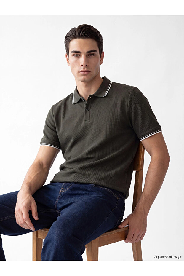 Khaki Polo Collar Textured Men's T-Shirt
