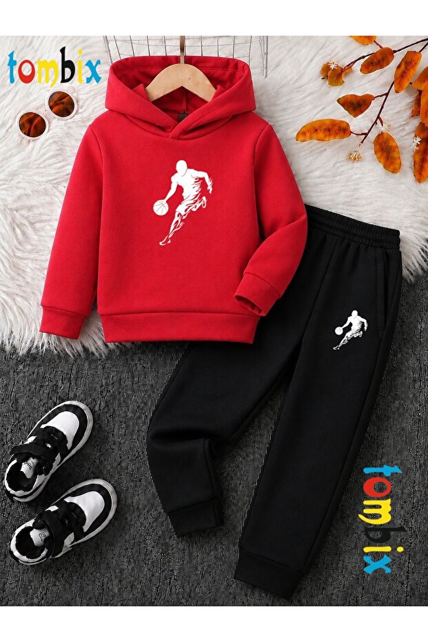 Basketball Player Man Printed Thick Winter Hooded Bottom/Top Children's Tracksuit Set (Pockets Included)