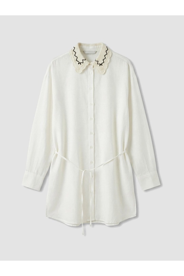 Designed Collar Lace Detailed Cotton Shirt