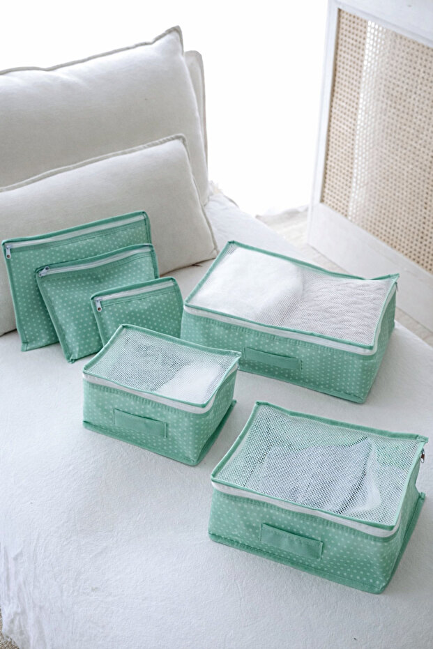 6-Piece Suitcase Organizer Set, Travel Bag Organizer Set, Mint Polka Dot