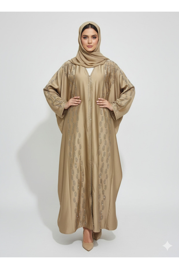 Champagne Gold Farasha Abaya | Rizqé Luxury Silk-Finish Butterfly Wrap with Tonal Sequin Petal Embroidery