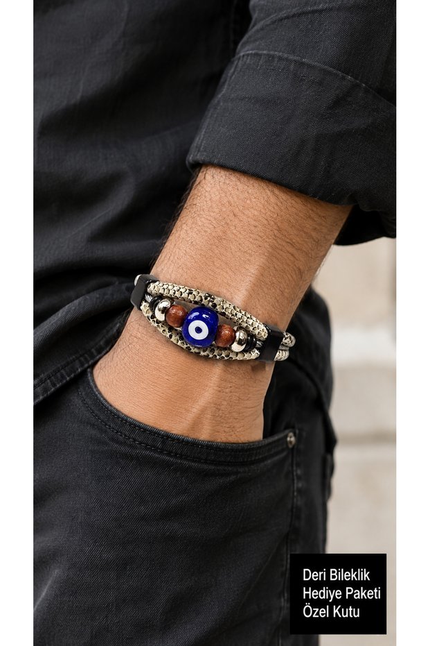 Cesvani Pearl Beige Leather Men's Bracelet - Patterned Design with Evil Eye Beads