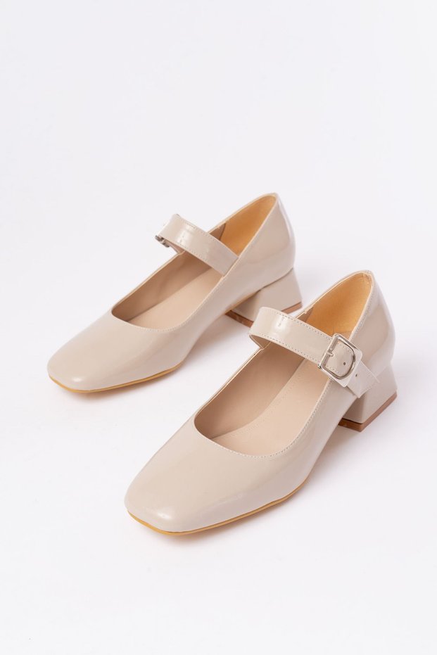 Zri̇n-006 Beige Patent Leather Daily 4 cm Heeled Shoes