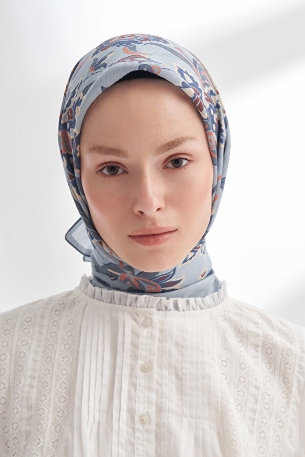 Anatolian Bloom Pattern the Tencel Edit Scarf - Gray - Blue