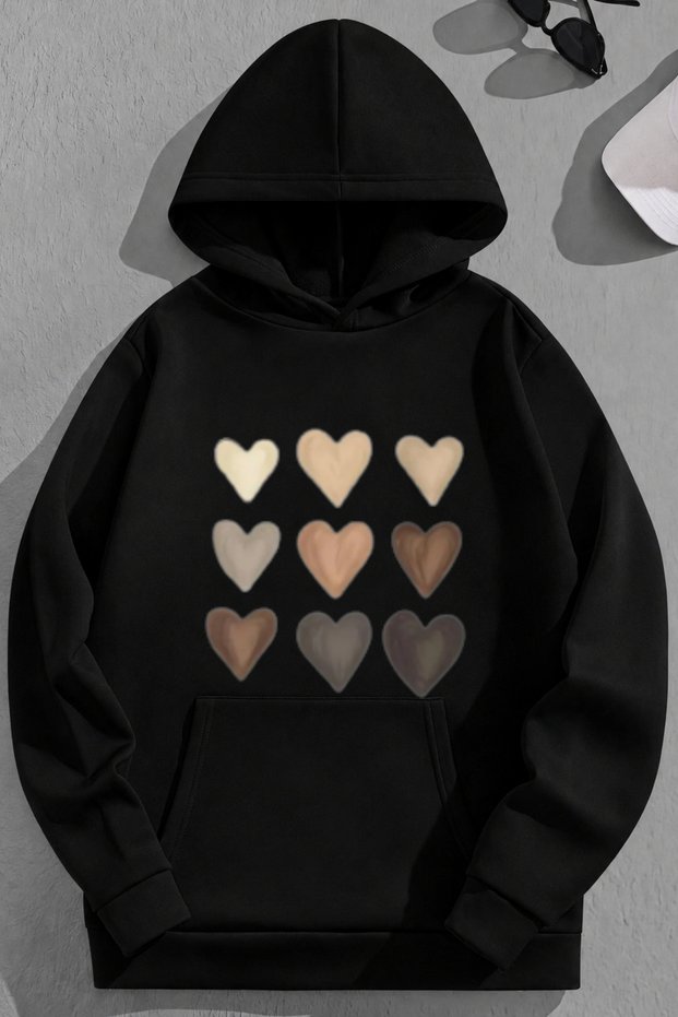 Unisex 3 Thread Cotton Black Multi-Heart Print Loose Fit Sweatshirt Hoodie