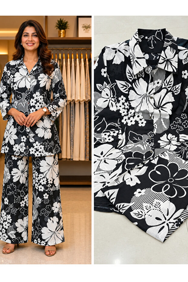 Black Patchwork Print Cotton Co-Ord Set - NRMD9304 | Black-Size:M-38-Inches