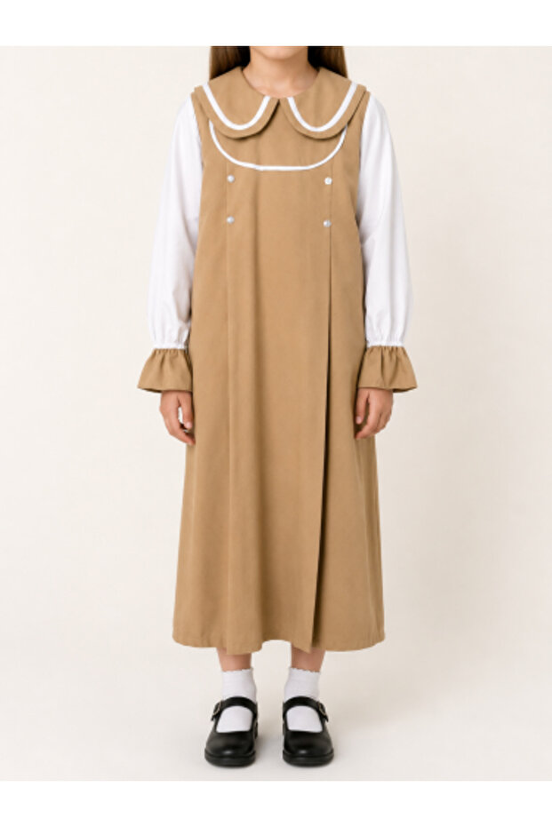 Brown Plaid Apron with Double Collar and Ruffled Sleeves