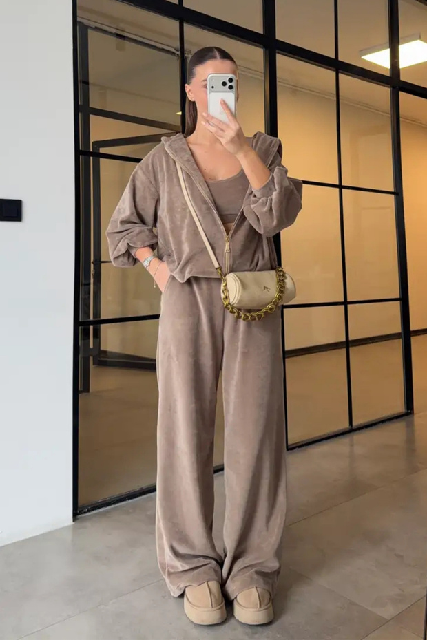 Velvet 3-Piece Blazer Sweatpants Cardigan Set Mink