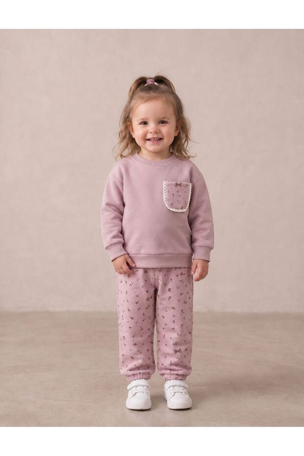Simit Collar Pocket Detailed Floral Printed Sweatshirt/Elastic Cuffed Sweatpants 3 Threaded Drawstring Set