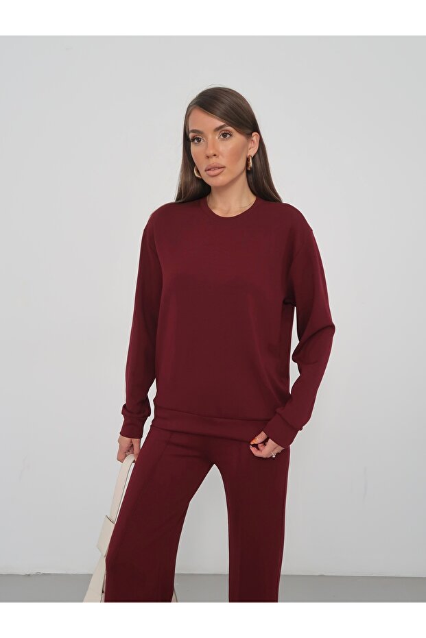 Women's Burgundy Sweat Modal Fabric Oversize Basic Casual Crew Neck Sweatshirt