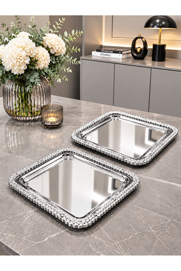 2-Piece Luxury Silver Wicker Mesh Detailed Silver Square Tray for Promise, Engagement, Dowry, Coffee, Tea Presentation