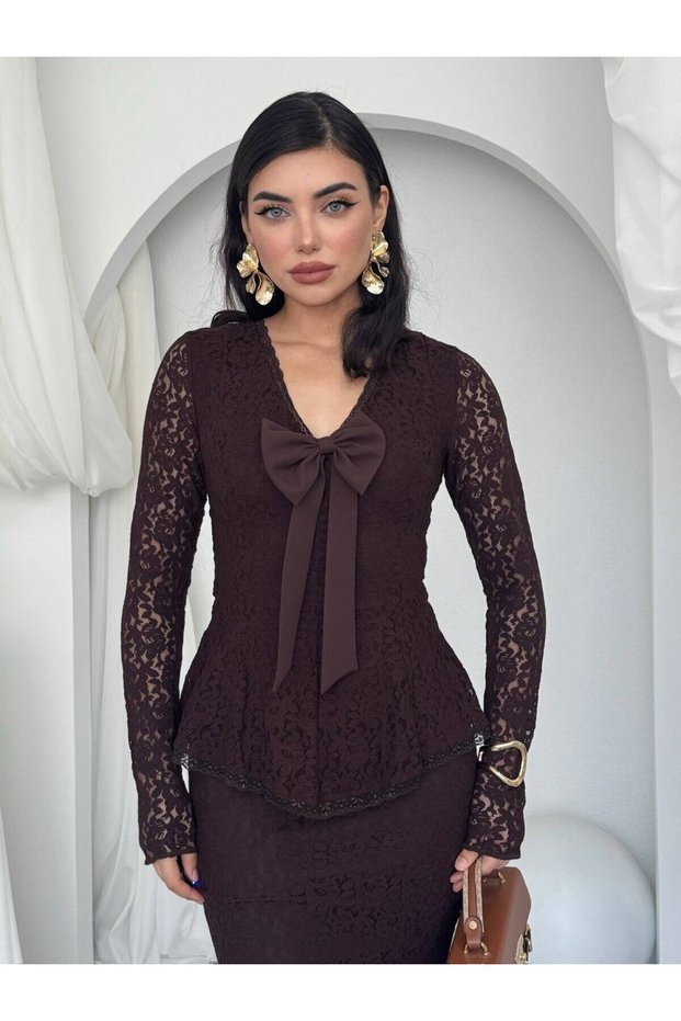 Women's Coffee Midi Lace V-Neck Bow Detailed Long Sleeve Peplum Dress