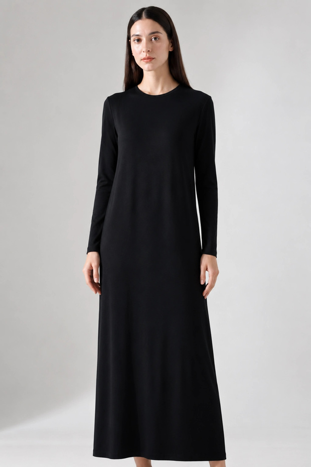 Women's Black Cotton Long Sleeve Crew Neck Oversize Undergarment Dress