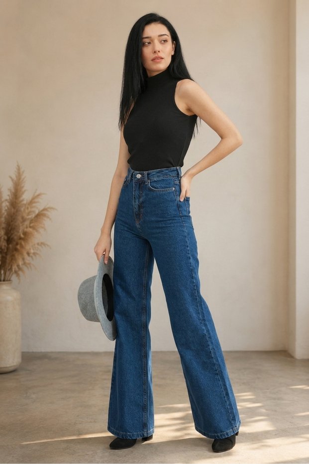 Women's Dark Blue Wide Leg Stretchy Ripped Denim Jeans