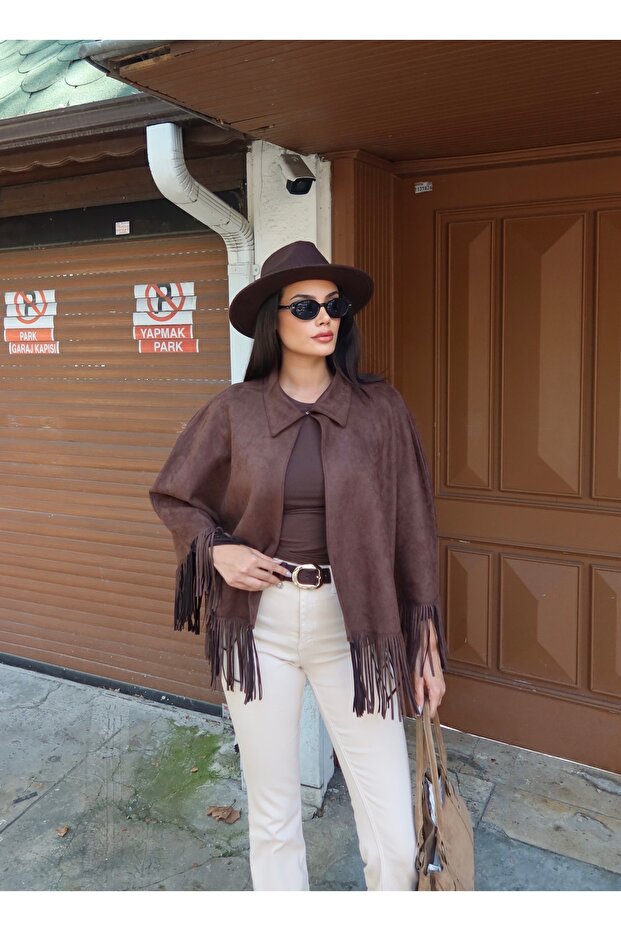 Women's Collared Suede Tasseled Poncho Jacket