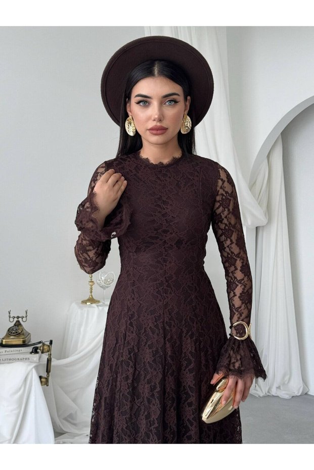 Women's Brown Lace Midi Dress High Neck Long Sleeve A-Line Guest Dress