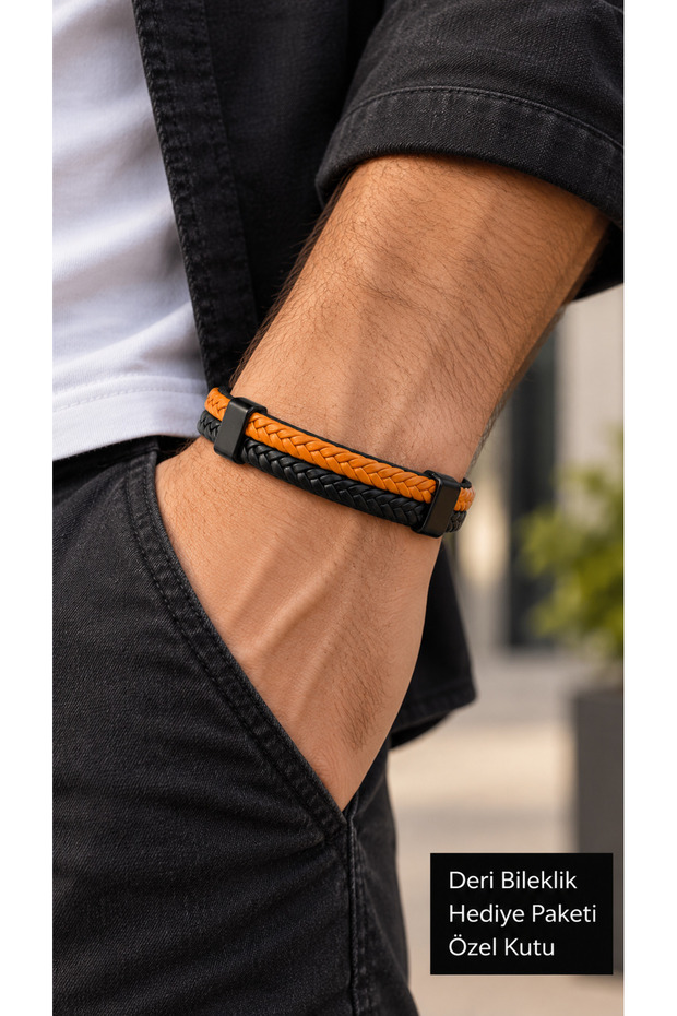 Corvane Ambercord Black Leather Men's Bracelet - Orange Braided Multi-Layered