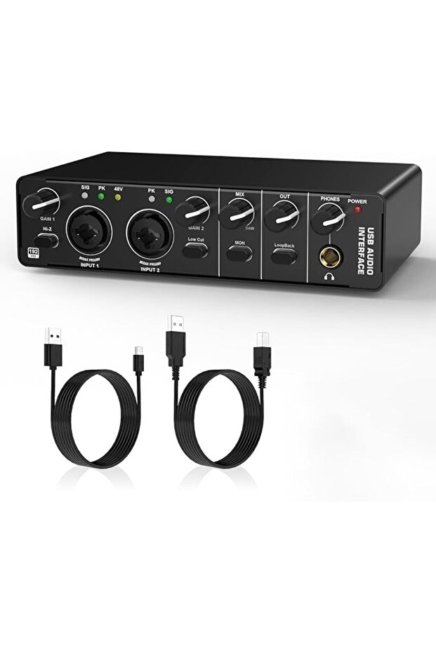 واجهة صوتية USB من RHM بمنفذين، جهاز تحكم DJ مع خاصية الطاقة الفانتومية 48 فولت، XLR/T