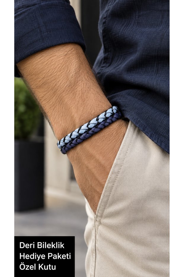 Alessaro Iceweave Light Blue Navy Blue Leather Men's Bracelet - Double Braid