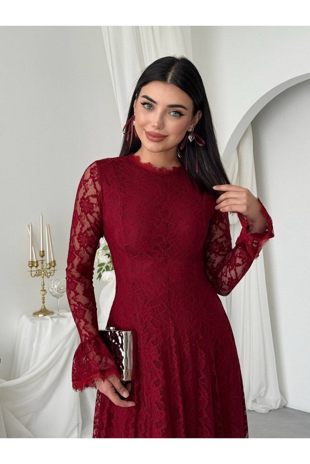 Women's Burgundy Lace Midi Dress with High Collar, Long Sleeves, A-Line, Event Dress