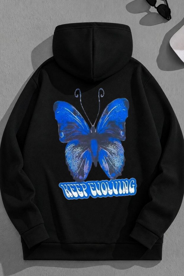 Unisex 3 Thread Cotton Black Keepevolwing Print Loose Fit Sweatshirt Hoodie