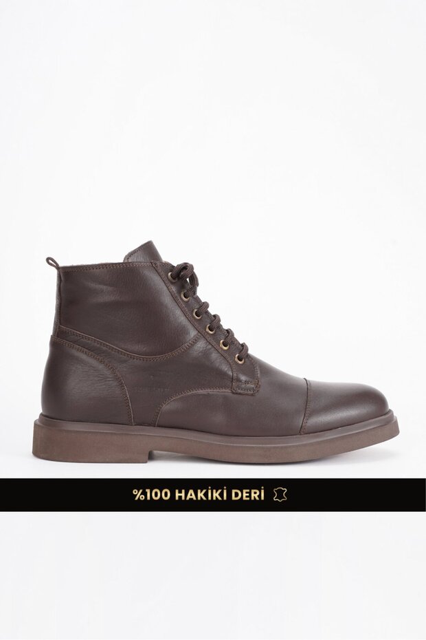Genuine Leather Men's Boots with Lace-Up and Zipper Closure, Casual Winter Cold-Resistant Thick Sole, Brown