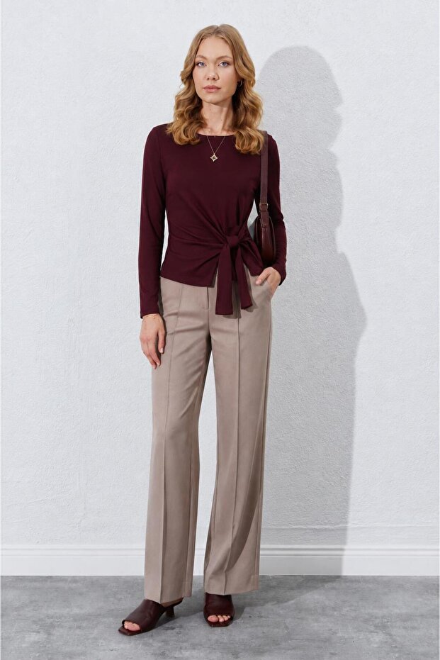 Women's Plum Color Crew Neck Side Tie Ribbed Blouse