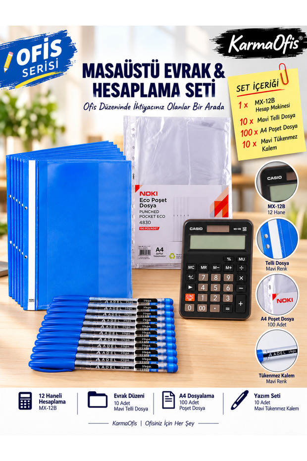 12 Digit Black Calculator Set | 10 Blue Wire-Bound Files + 100 A4 Pocket Files + 10 Blue Ballpoint Pens