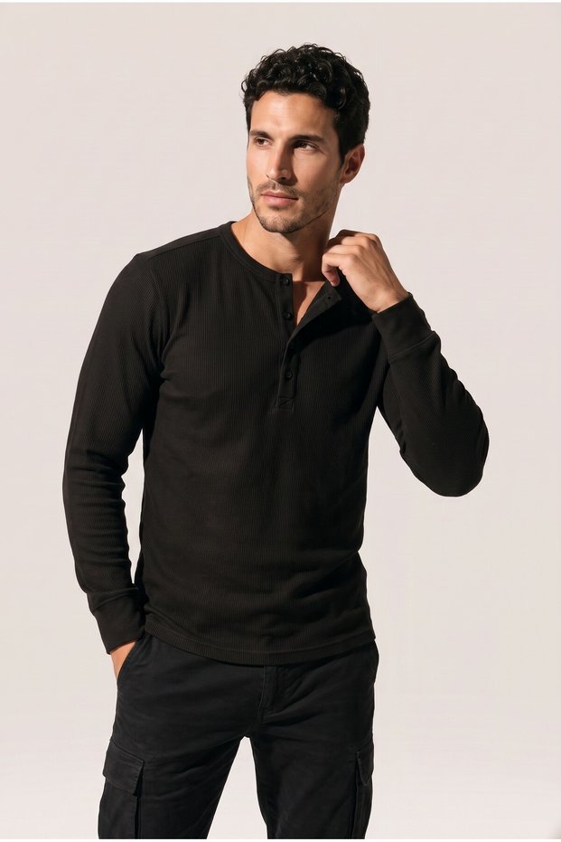 Men's Black 6211 Buttoned Collar Waffle Sweatshirt