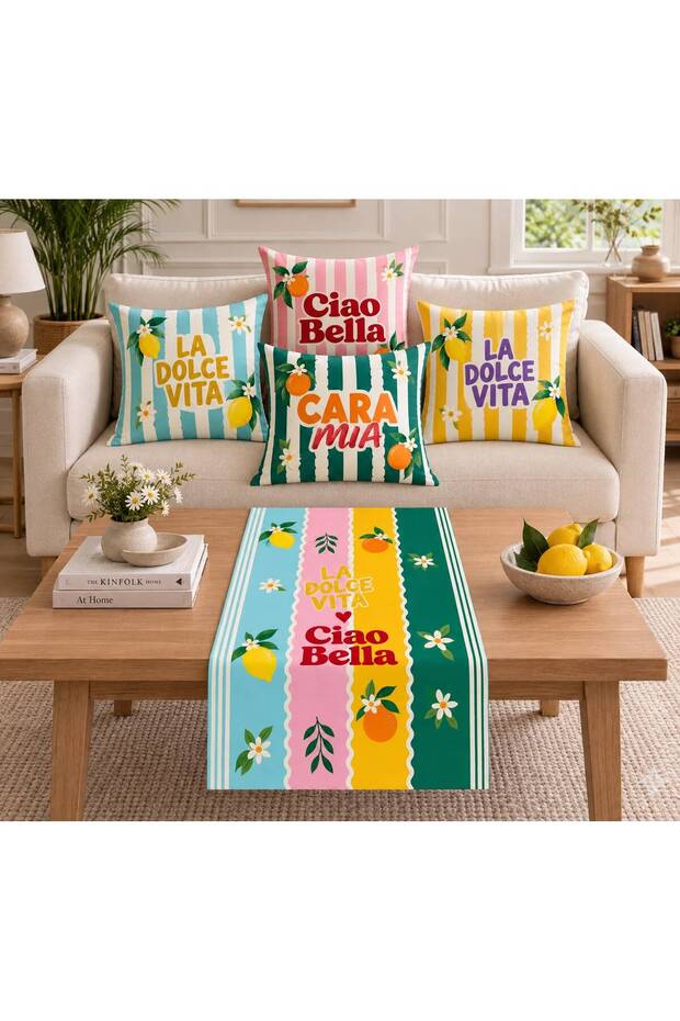 Motto Themed, Suede Fabric Throw Pillow Cover and Runner Combination (4 Throw Pillow Covers + 1 Runner)
