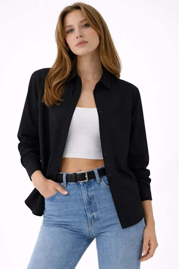 Long Sleeve Shirt with Buttons, Classic Collar, Suitable for Casual and Office Wear - Black