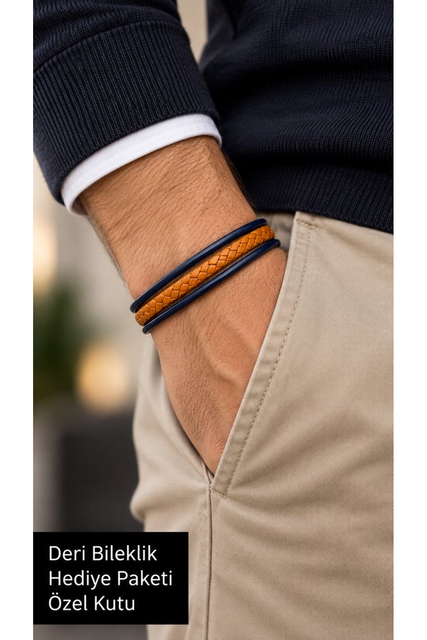 Ferlano Blueflame Orange Navy Blue Leather Men's Bracelet - with Contrast Weave Detail