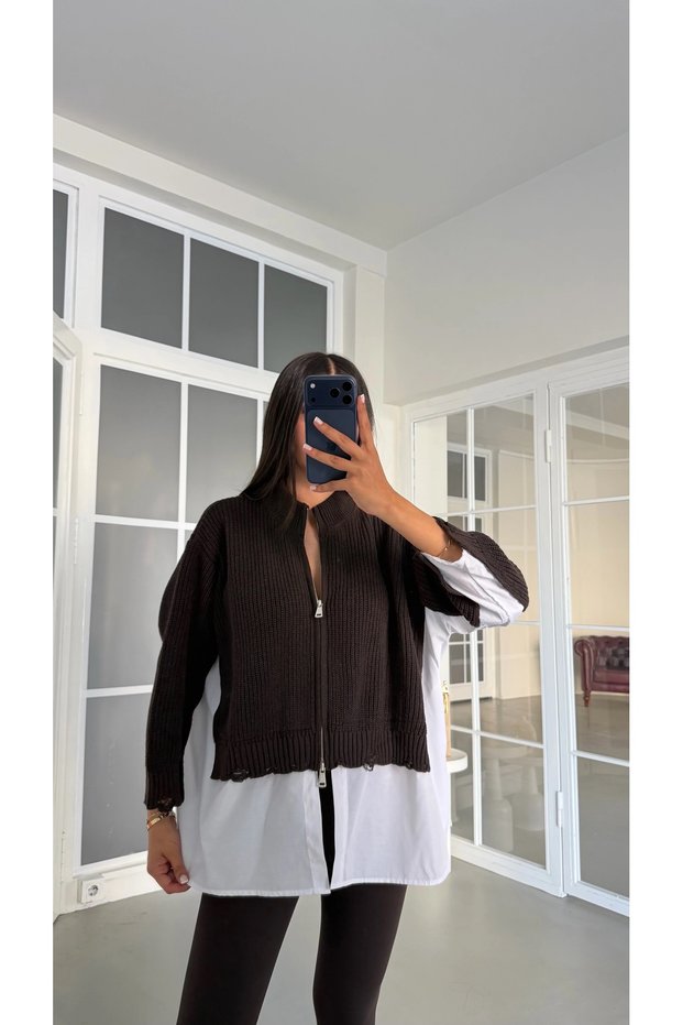 Bitter Brown Shirt Detailed Double Zipper Knitwear Cardigan - 5305