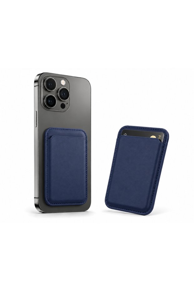 Magsafe Compatible Magnetic Phone Card Holder – 2-3 Card Capacity, Slim Premium Vegan Leather Card Holder – Navy Blue