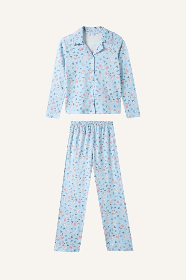 100% Cotton Patterned Long Sleeve Pajama Top Flexible Waist Long Pajama Pants 2-Piece Set for Girls I6088A8